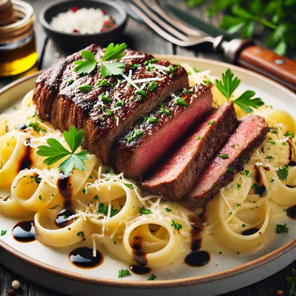 Steak and pasta with garlic butter sauce, fettuccine, and fresh herbs