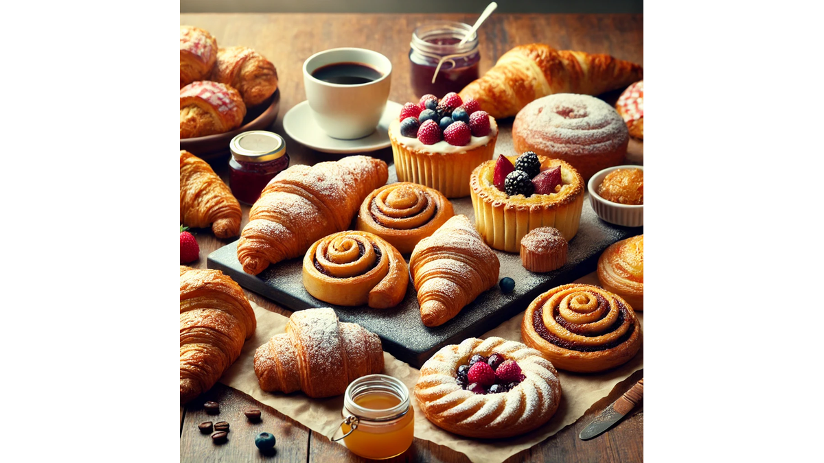 A delicious assortment of breakfast pastries, including croissants, danishes, muffins, and scones, arranged on a wooden tray with a cup of coffee.