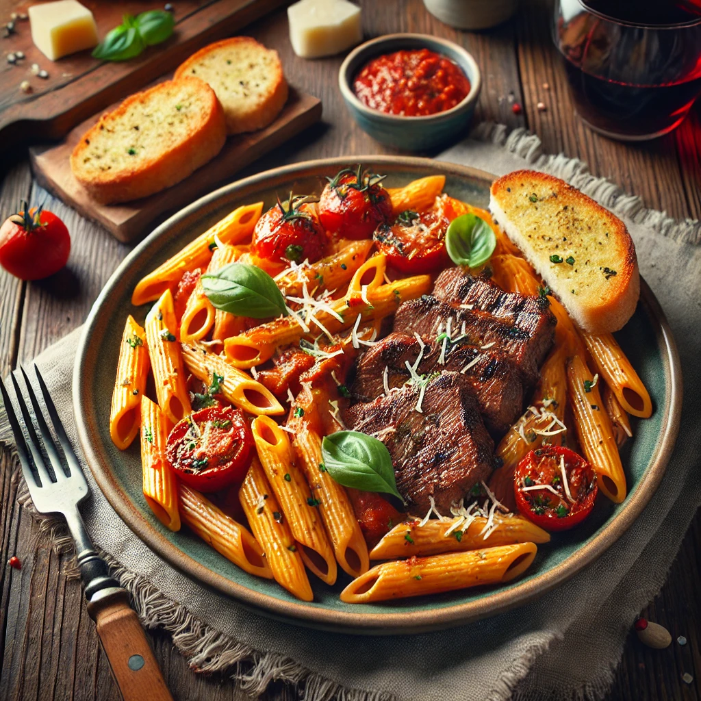 Steak and pasta with garlic butter sauce, fettuccine, and fresh herbs