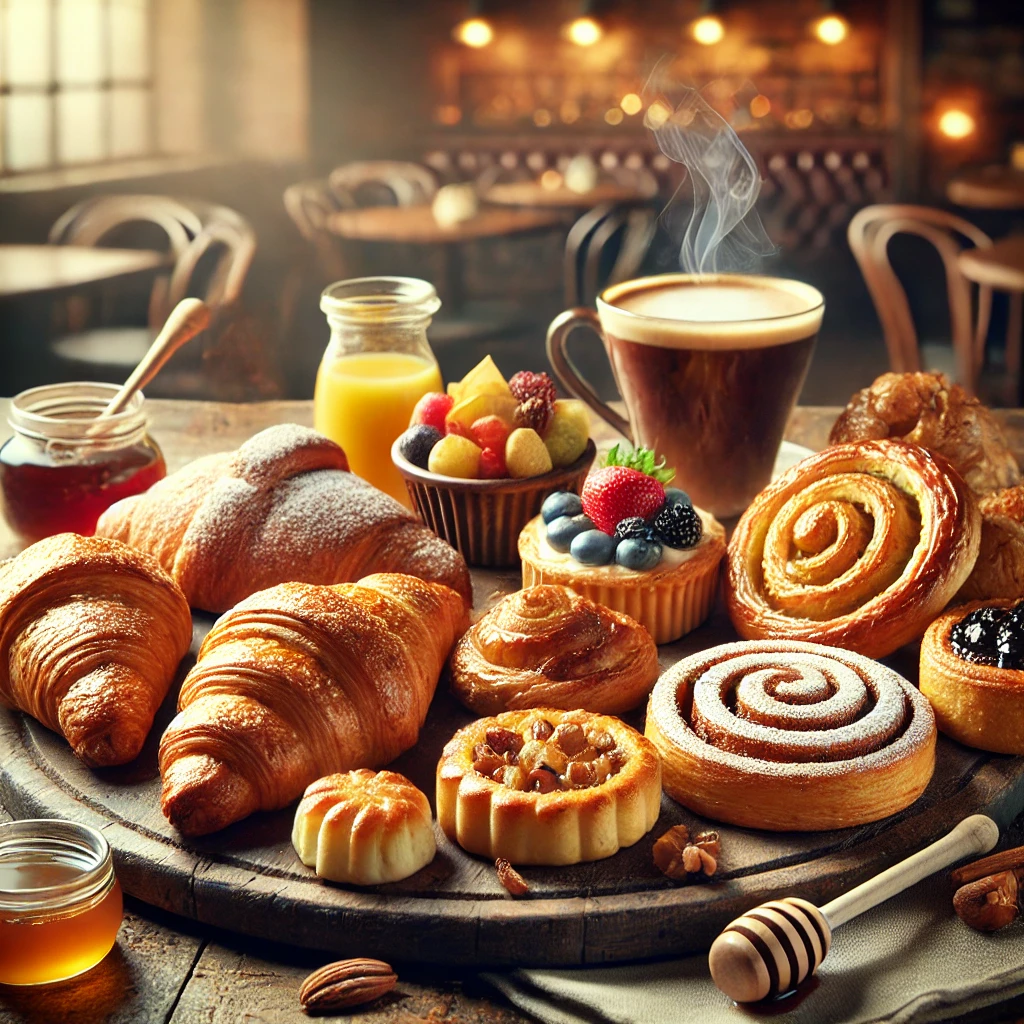 A delicious assortment of breakfast pastries, including croissants, danishes, muffins, and scones, arranged on a wooden tray with a cup of coffee.