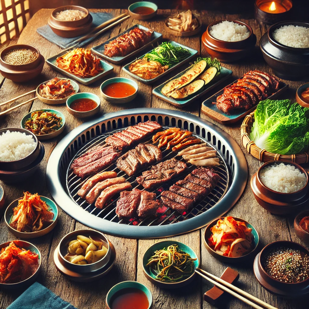 : A Korean BBQ table set up with grilling equipment, meat, vegetables, and sauces, ready for cooking.