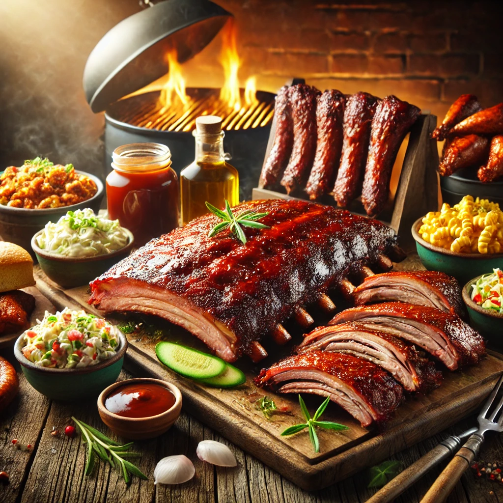 A sizzling platter of hickory-smoked BBQ ribs, brisket, and pulled pork, served with coleslaw, cornbread, and a side of tangy barbecue sauce.