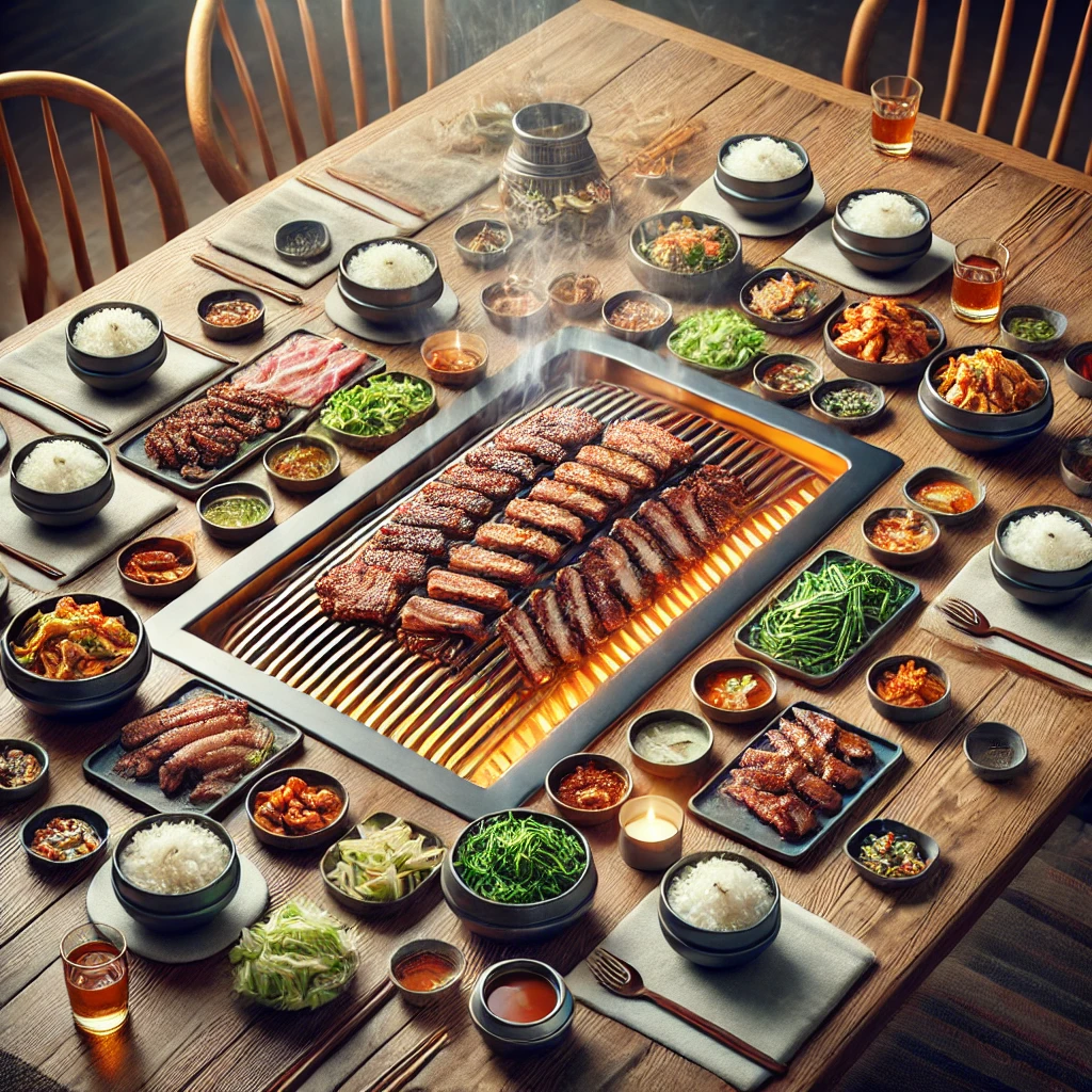 A Korean BBQ table set up with grilling equipment, meat, vegetables, and sauces, ready for cooking.