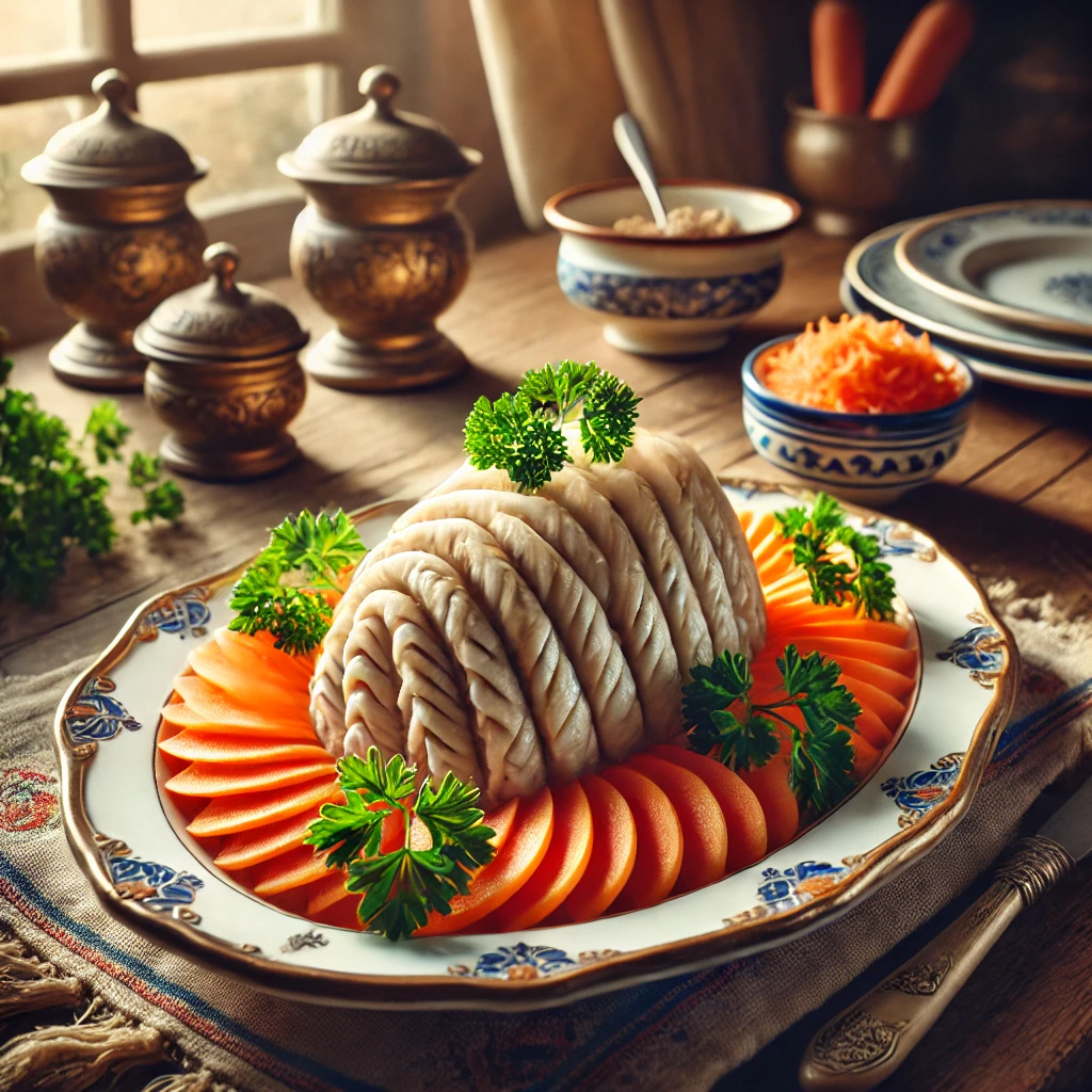 A beautifully plated gourmet fish dish garnished with fresh herbs, lemon slices, and a drizzle of sauce, showcasing an elegant and delicious fish recipe.