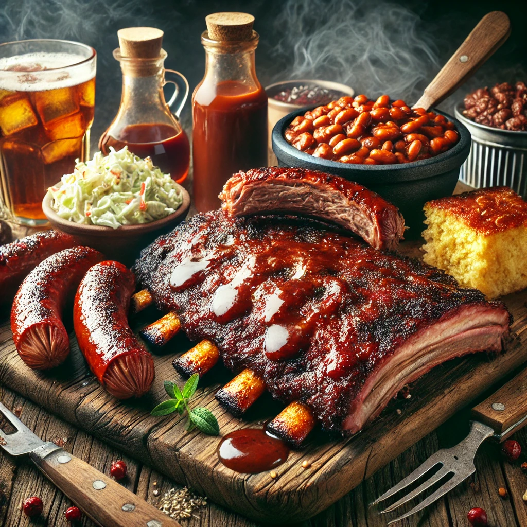 A sizzling platter of hickory-smoked BBQ ribs, brisket, and pulled pork, served with coleslaw, cornbread, and a side of tangy barbecue sauce.