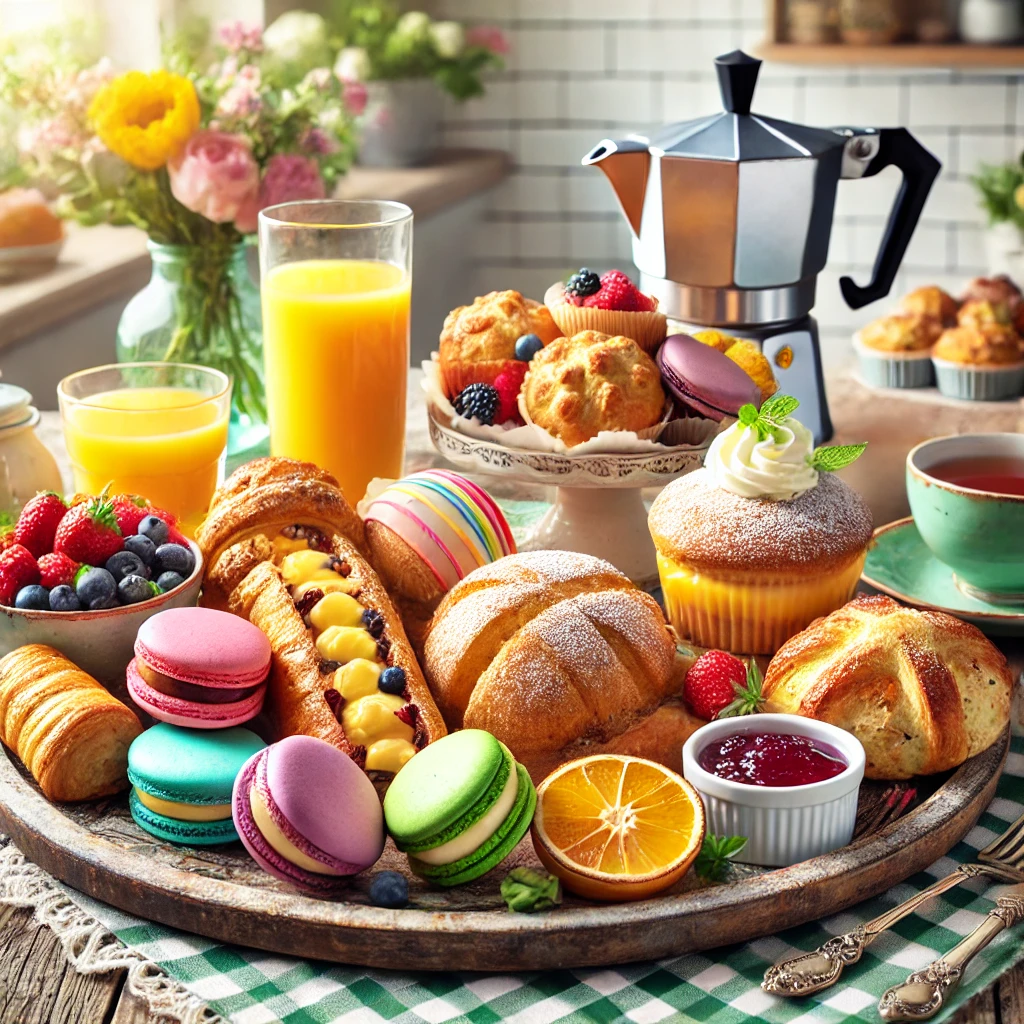 A delicious assortment of breakfast pastries, including croissants, danishes, muffins, and scones, arranged on a wooden tray with a cup of coffee