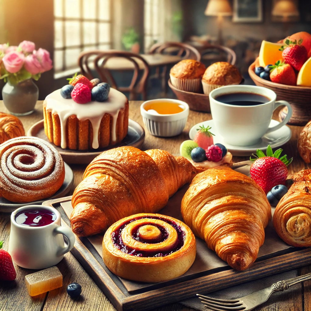 A delicious assortment of breakfast pastries, including croissants, danishes, muffins, and scones, arranged on a wooden tray with a cup of coffee.