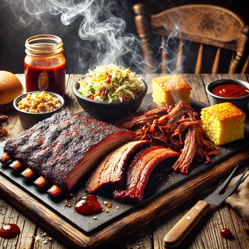 A sizzling platter of hickory-smoked BBQ ribs, brisket, and pulled pork, served with coleslaw, cornbread, and a side of tangy barbecue sauce.