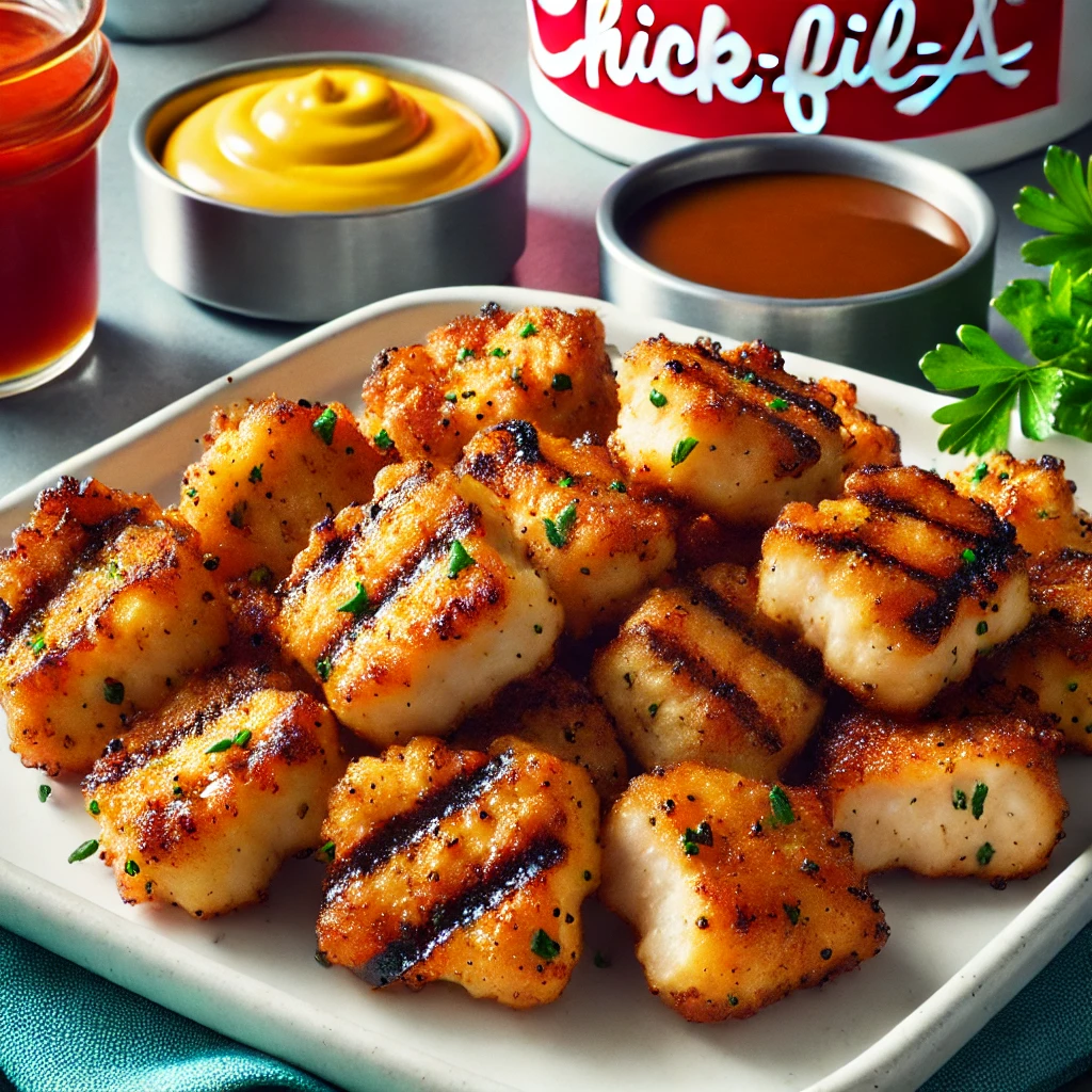 Close-up of Chick-fil-A-style grilled chicken nuggets served on a plate with dipping sauces and garnished with fresh parsley.