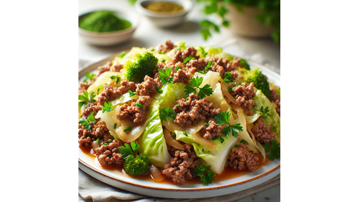 A hearty skillet filled with ground beef, tender cabbage, diced tomatoes, and spices, garnished with fresh parsley, served hot and ready to enjoy.