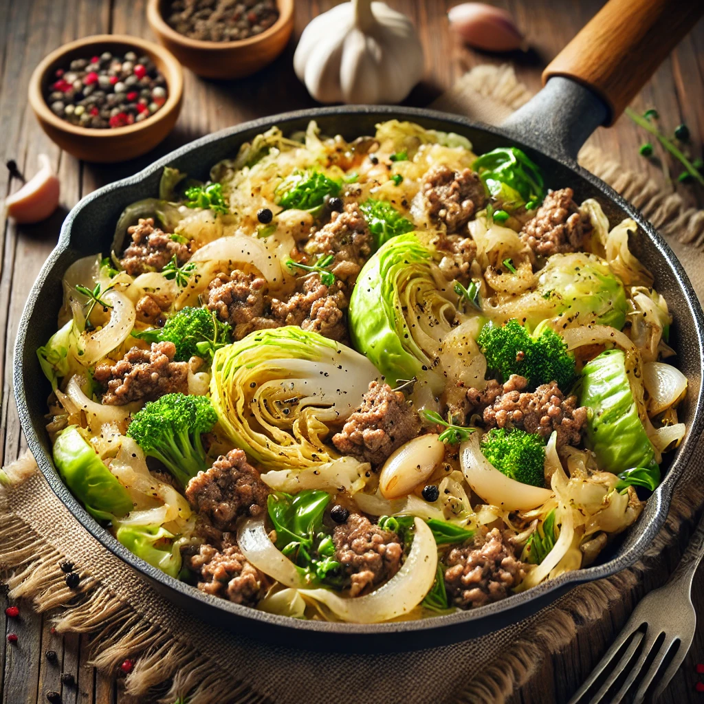 A hearty skillet filled with ground beef, tender cabbage, diced tomatoes, and spices, garnished with fresh parsley, served hot and ready to enjoy.