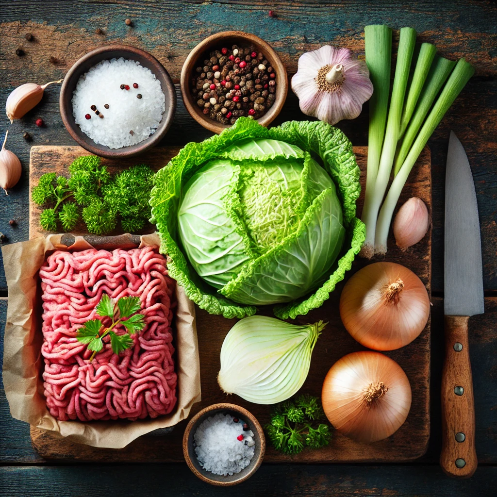 A hearty skillet filled with ground beef, tender cabbage, diced tomatoes, and spices, garnished with fresh parsley, served hot and ready to enjoy.