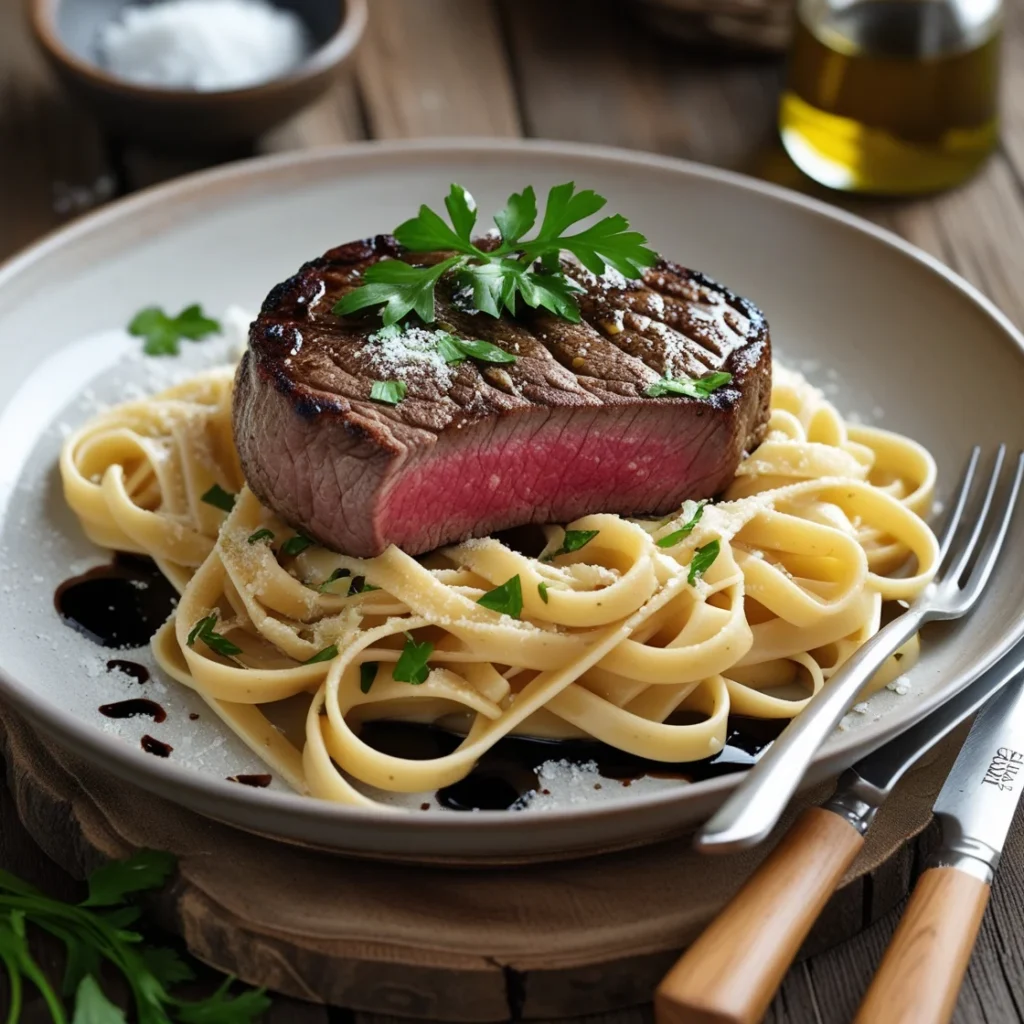 Steak and pasta with garlic butter sauce, fettuccine, and fresh herbs
