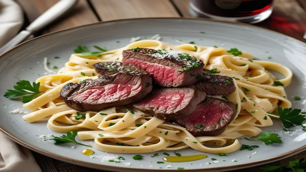 Steak and pasta with garlic butter sauce, fettuccine, and fresh herbs