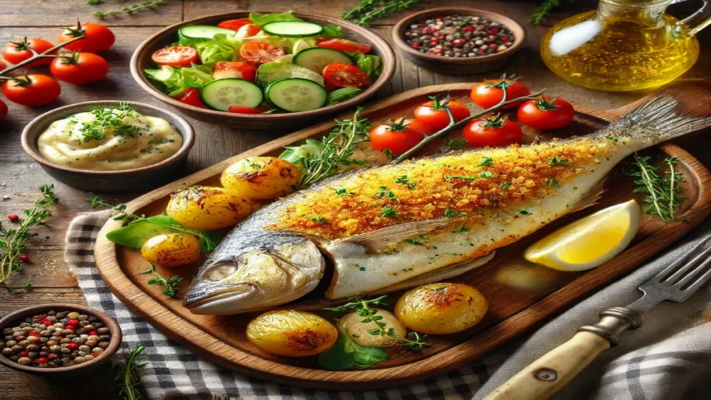 A beautifully plated whiting fish fillet served with roasted vegetables and a wedge of lemon, showcasing a simple yet delicious whiting fish recipe.