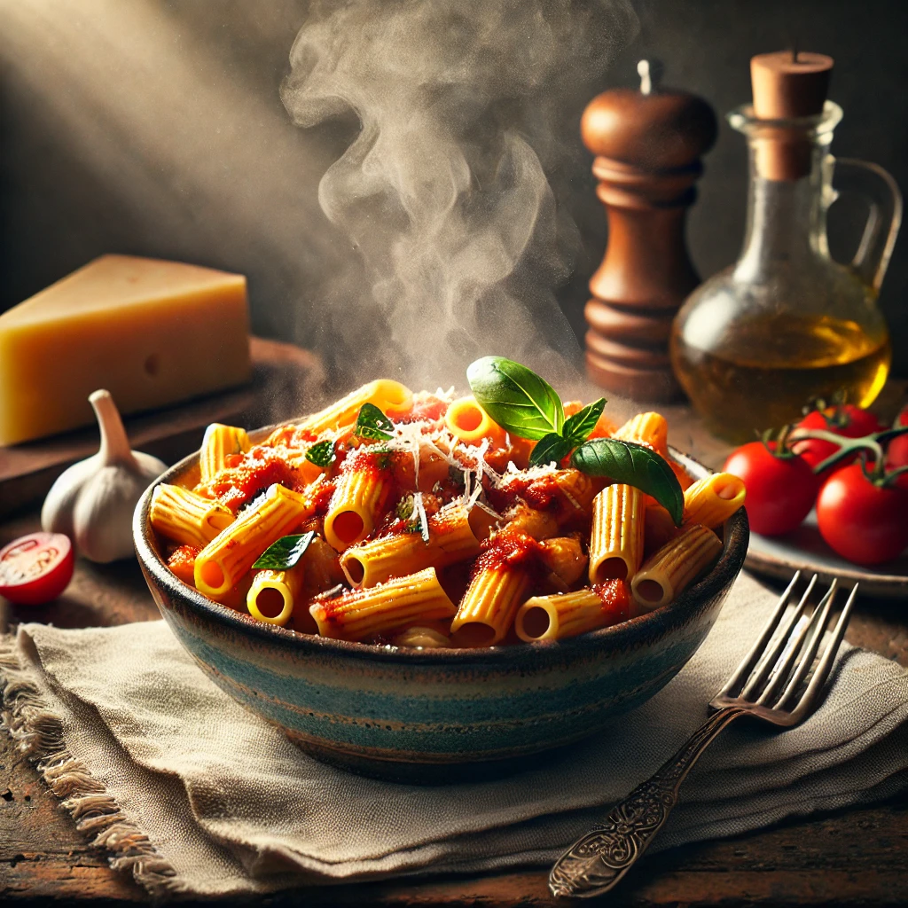 A professionally plated bowl of ditalini pasta, coated in a rich tomato sauce, garnished with fresh basil and parmesan, served in a fine dining setting.