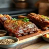 Juicy beef short ribs coated in rich oxtail seasoning, garnished with fresh parsley and black pepper, served on a rustic wooden cutting board with a dark textured background