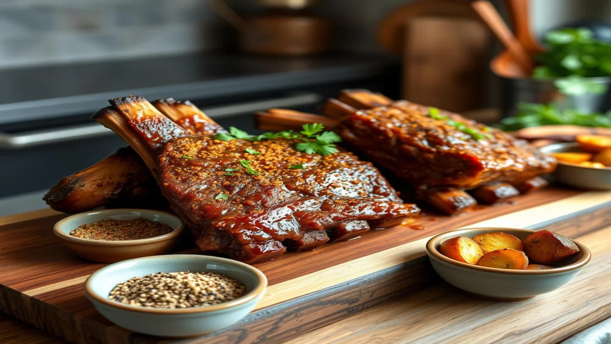 Juicy beef short ribs coated in rich oxtail seasoning, garnished with fresh parsley and black pepper, served on a rustic wooden cutting board with a dark textured background