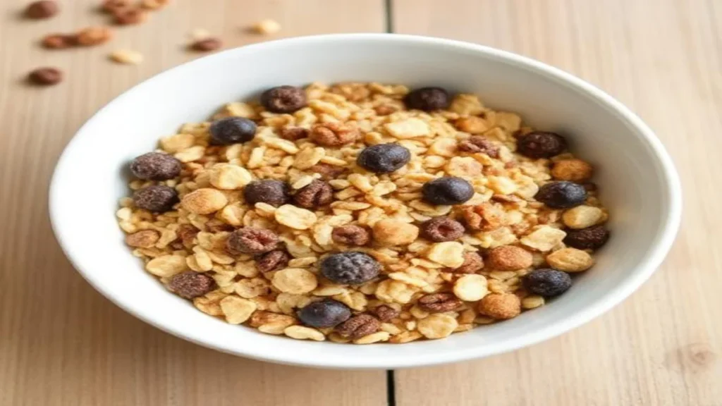 A bowl of Kashi breakfast cereal with fresh fruits and milk, set on a bright breakfast table for a healthy start to the day.