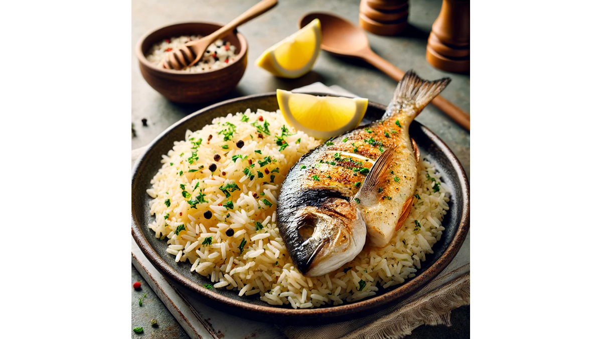 A steaming bowl of perfectly cooked rice served alongside a delicious fish fillet on a rustic wooden table.