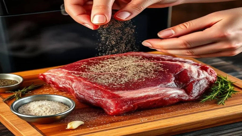 "Beef bouillon powder sprinkled on a raw brisket with seasoning rub, ready for smoking."