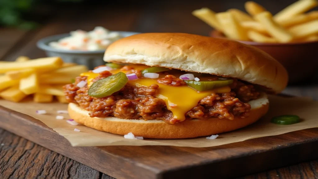 Cheesy chicken sloppy joe sandwich with melted cheese, tender chicken, and tangy barbecue sauce on a toasted bun, served with fries and coleslaw.