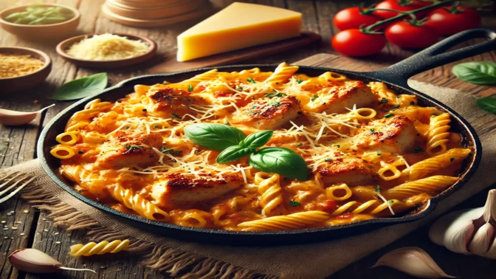 "A close-up of one-skillet cheesy chicken pasta with tender ground chicken, penne pasta, and a creamy cheese sauce, garnished with fresh basil and parmesan."