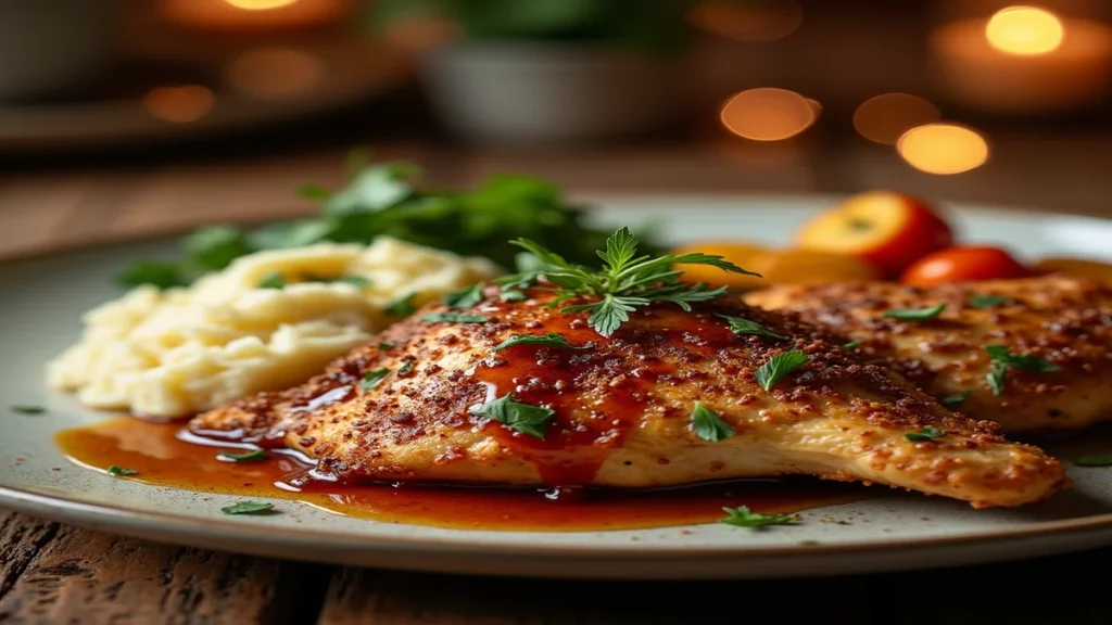 A plated Galena chicken dish with golden-brown, seasoned chicken breasts, garnished with fresh herbs and served with roasted vegetables and mashed potatoes.