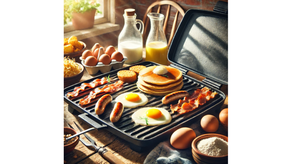 A Blackstone griddle with fluffy pancakes, crispy bacon, and scrambled eggs sizzling on the cooking surface, showcasing delicious breakfast recipes.