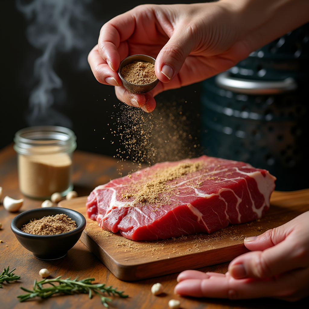 "Beef bouillon powder sprinkled on a raw brisket with seasoning rub, ready for smoking."