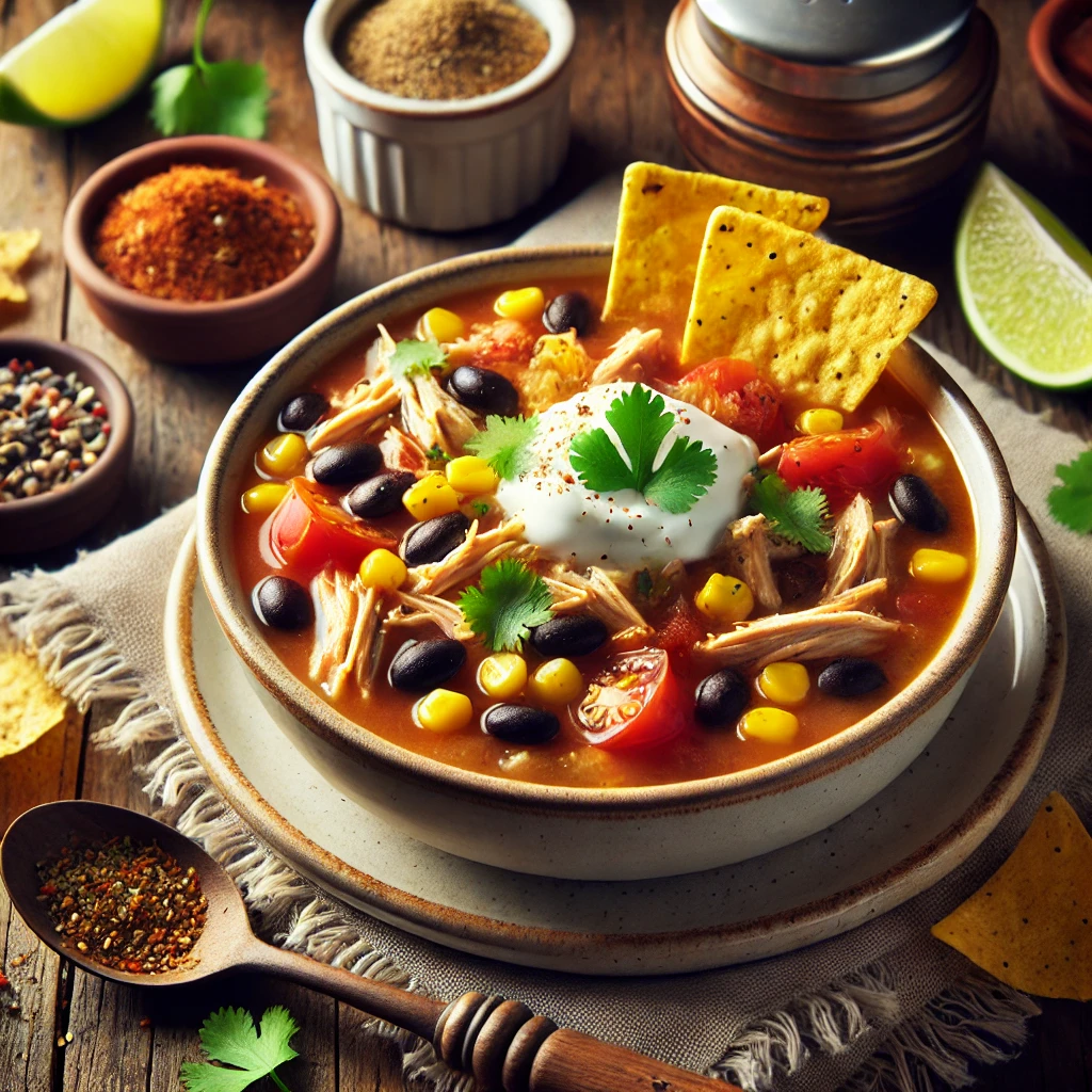 A bowl of Spark Recipes Chicken Taco Soup with chicken, corn, beans, and peppers, topped with sour cream, cheese, and cilantro