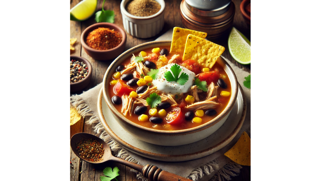 A bowl of Spark Recipes Chicken Taco Soup with chicken, corn, beans, and peppers, topped with sour cream, cheese, and cilantro.