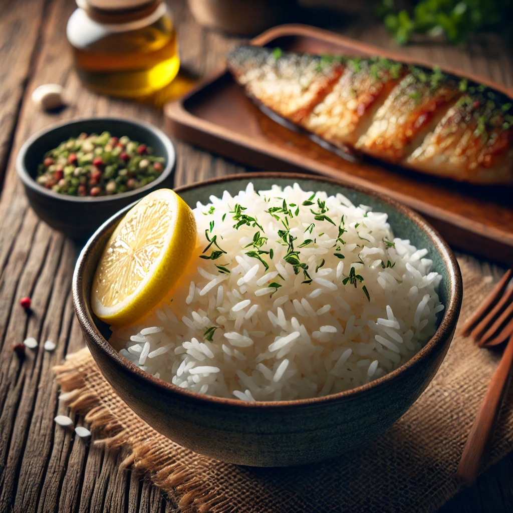 A steaming bowl of perfectly cooked rice served alongside a delicious fish fillet on a rustic wooden table.