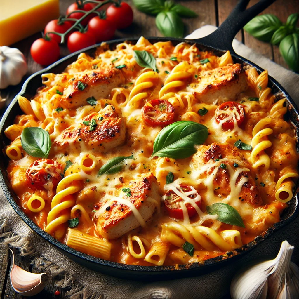 "A close-up of one-skillet cheesy chicken pasta with tender ground chicken, penne pasta, and a creamy cheese sauce, garnished with fresh basil and parmesan."