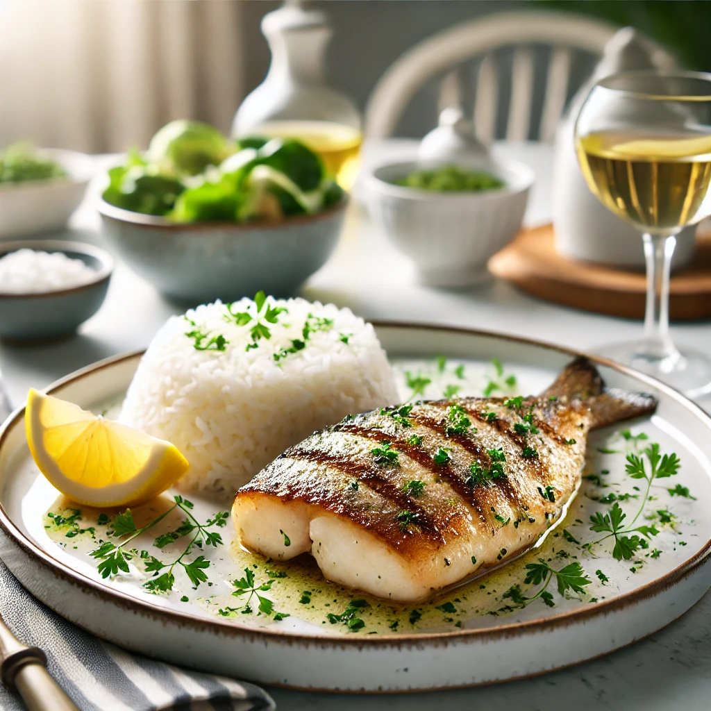 A steaming bowl of perfectly cooked rice served alongside a delicious fish fillet on a rustic wooden table.