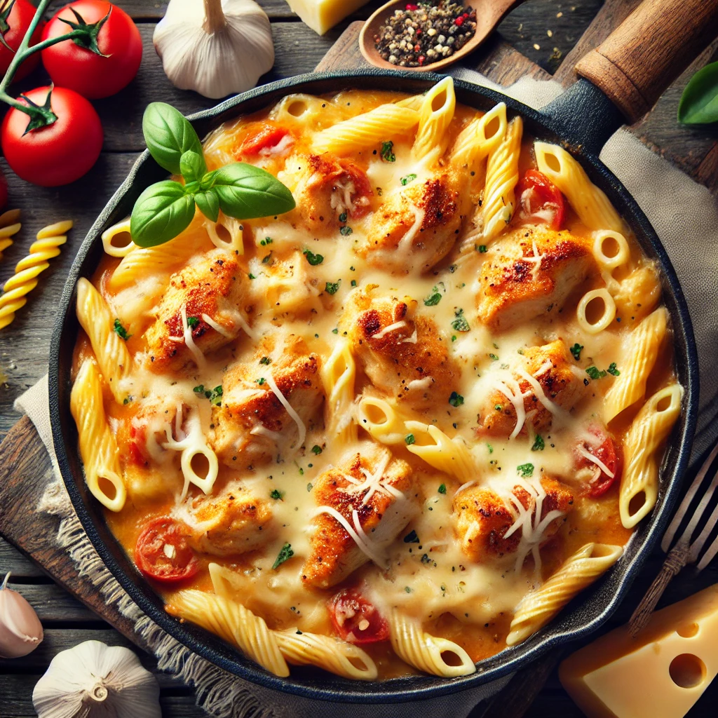 "A close-up of one-skillet cheesy chicken pasta with tender ground chicken, penne pasta, and a creamy cheese sauce, garnished with fresh basil and parmesan."