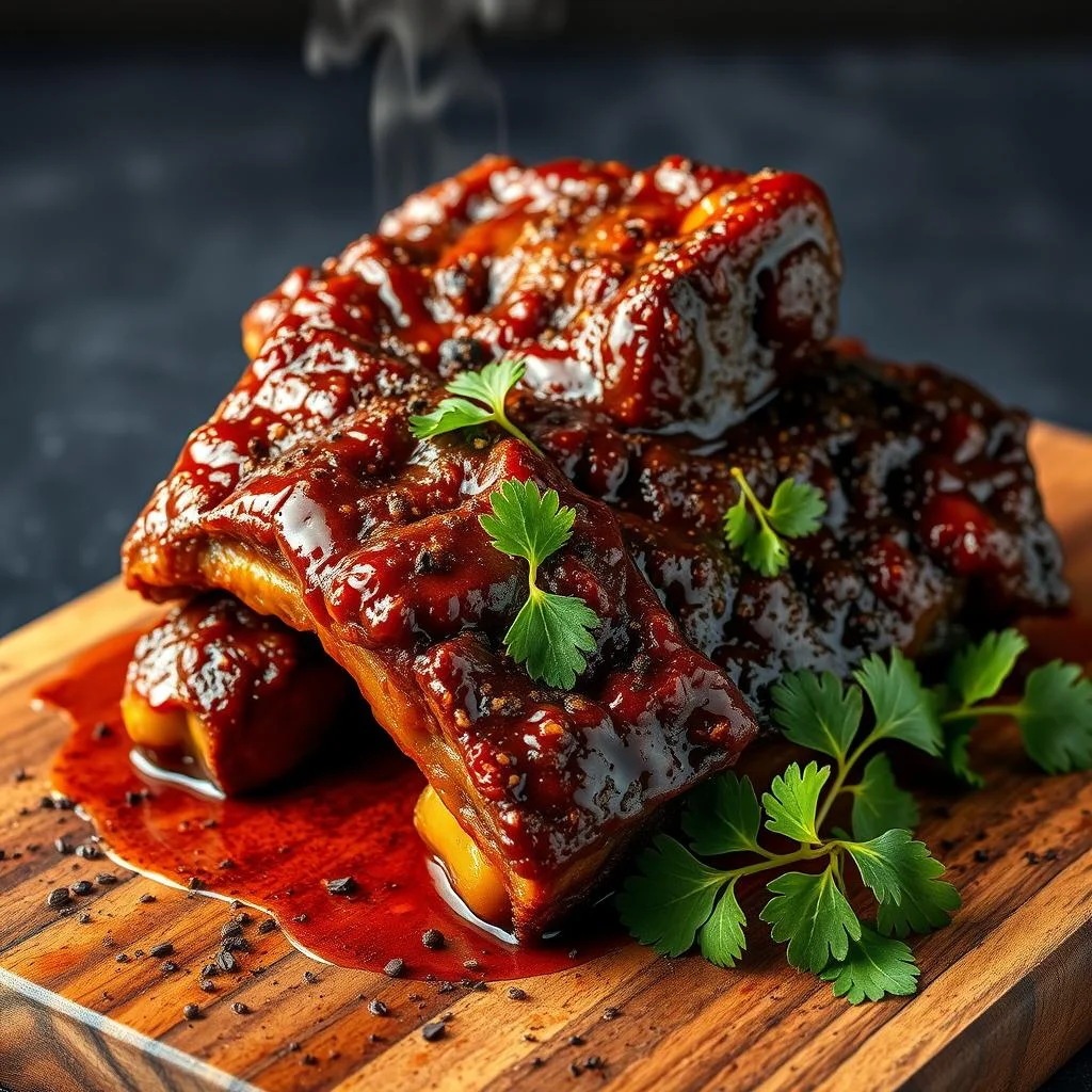 Juicy beef short ribs coated in rich oxtail seasoning, garnished with fresh parsley and black pepper, served on a rustic wooden cutting board with a dark textured background