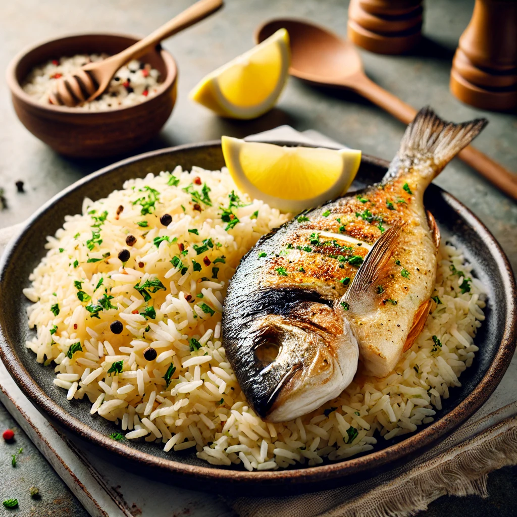 A steaming bowl of perfectly cooked rice served alongside a delicious fish fillet on a rustic wooden table.