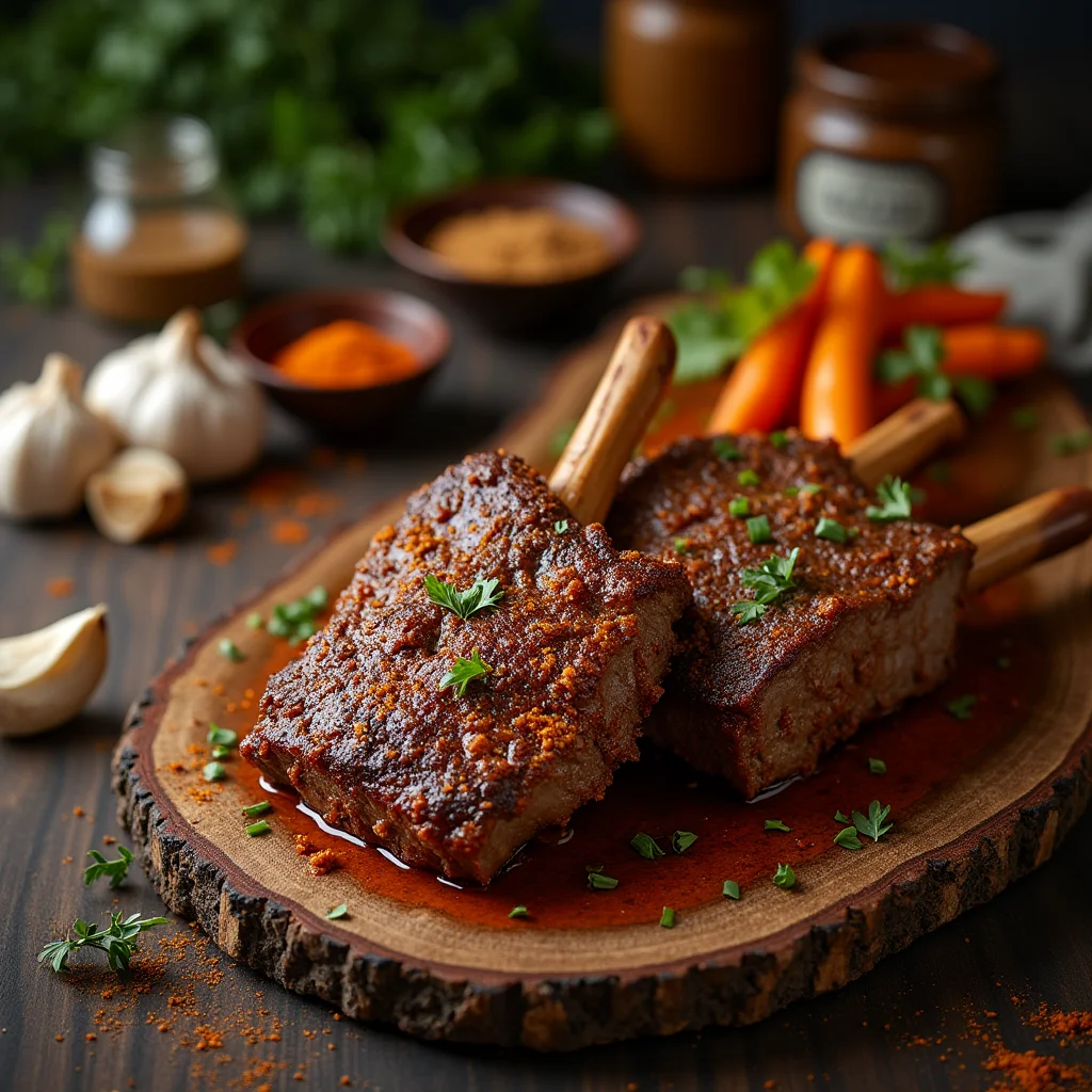 Juicy beef short ribs coated in rich oxtail seasoning, garnished with fresh parsley and black pepper, served on a rustic wooden cutting board with a dark textured background