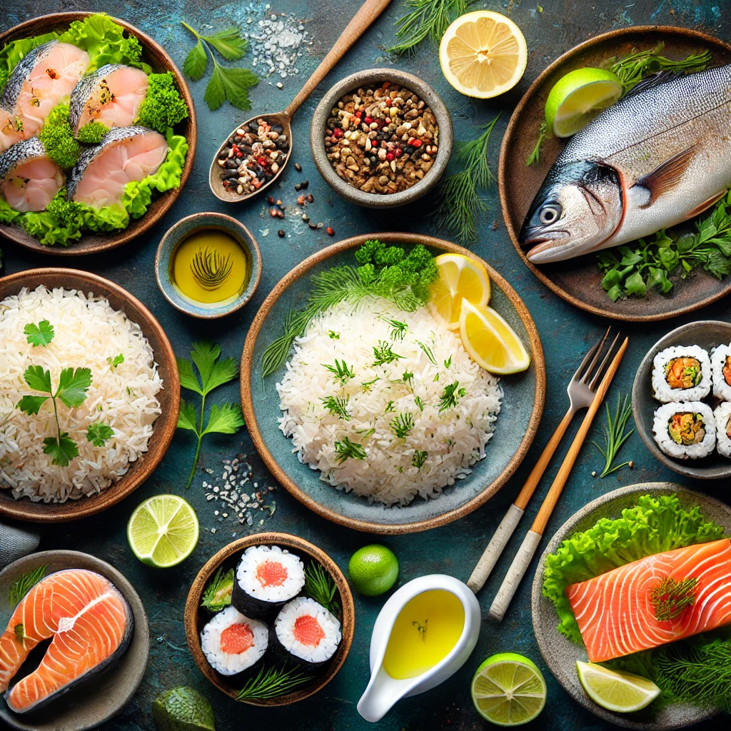 A steaming bowl of perfectly cooked rice served alongside a delicious fish fillet on a rustic wooden table.