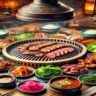 : A Korean BBQ table set up with grilling equipment, meat, vegetables, and sauces, ready for cooking.