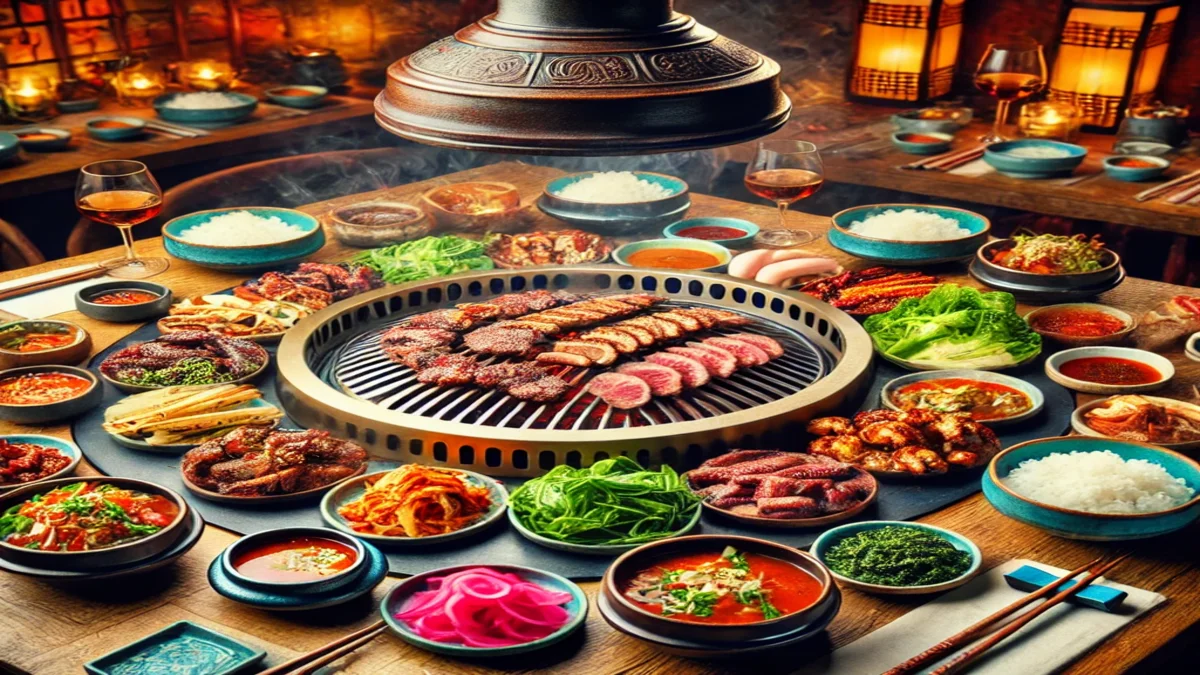 : A Korean BBQ table set up with grilling equipment, meat, vegetables, and sauces, ready for cooking.