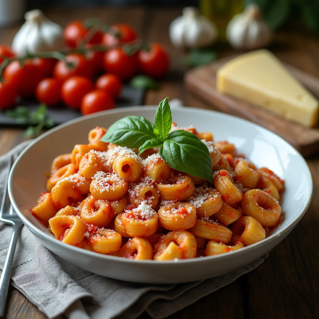 A professionally plated bowl of ditalini pasta, coated in a rich tomato sauce, garnished with fresh basil and parmesan, served in a fine dining setting.