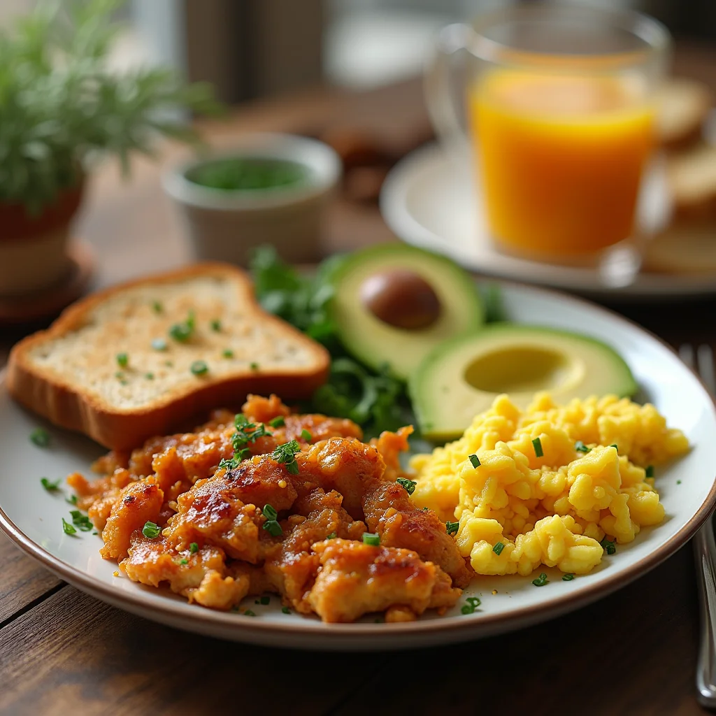 A healthy chicken breakfast featuring grilled chicken breast, scrambled eggs, avocado slices, and roasted vegetables on a plate.