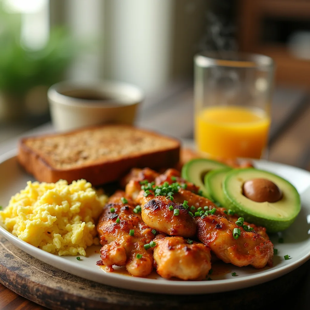 A healthy chicken breakfast featuring grilled chicken breast, scrambled eggs, avocado slices, and roasted vegetables on a plate.