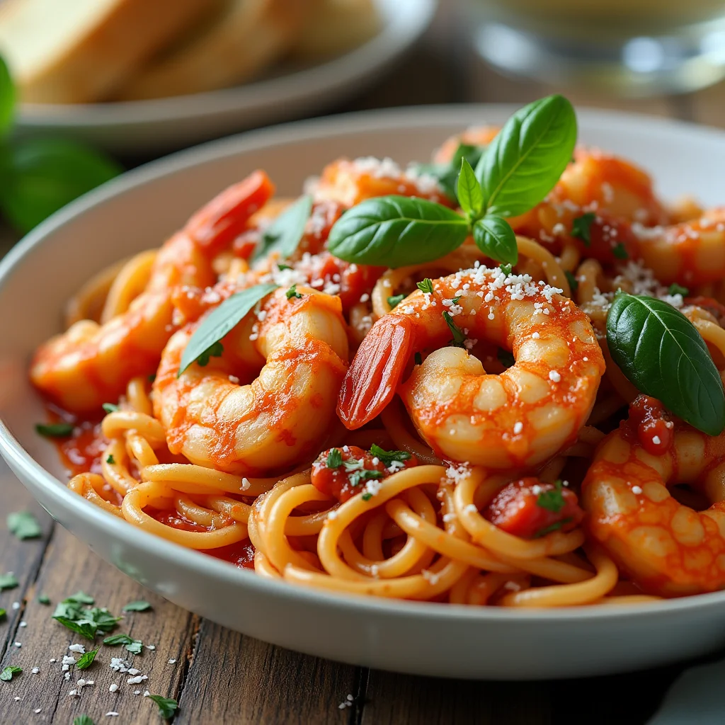 A plate of Rao’s seafood pasta with shrimp and scallops, coated in rich marinara sauce, garnished with fresh basil and parmesan cheese.