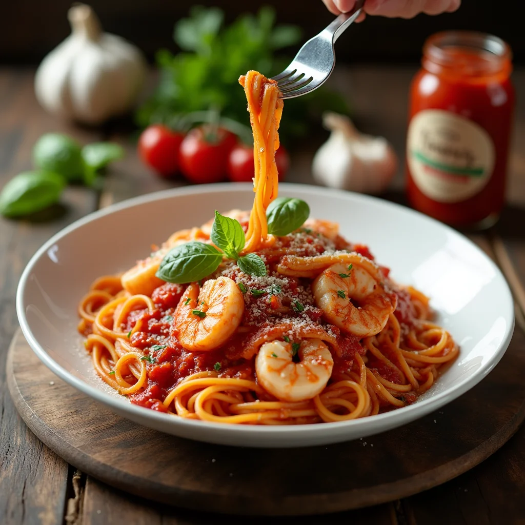 A plate of Rao’s seafood pasta with shrimp and scallops, coated in rich marinara sauce, garnished with fresh basil and parmesan cheese.