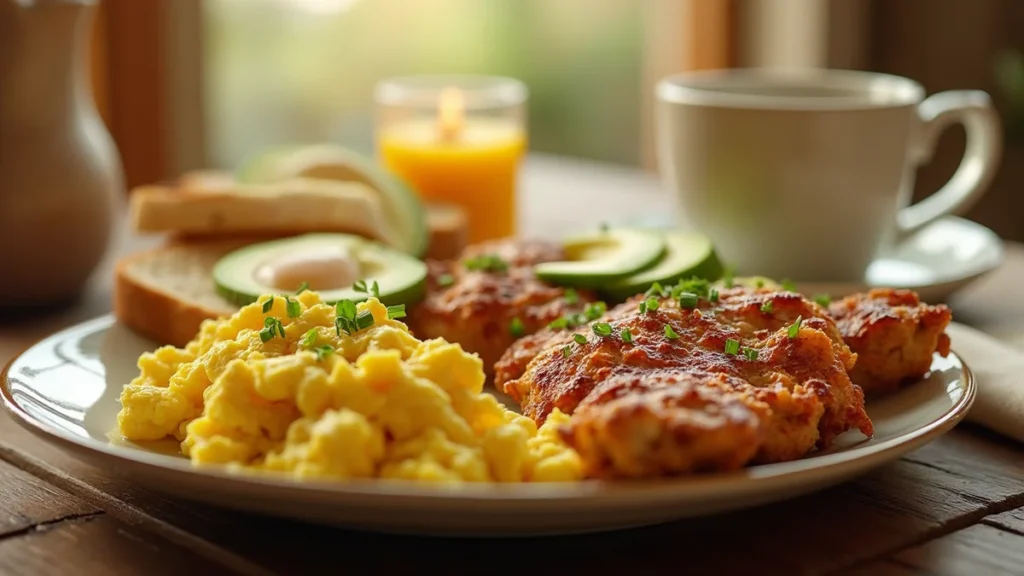 A healthy chicken breakfast featuring grilled chicken breast, scrambled eggs, avocado slices, and roasted vegetables on a plate.