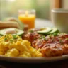 A healthy chicken breakfast featuring grilled chicken breast, scrambled eggs, avocado slices, and roasted vegetables on a plate.