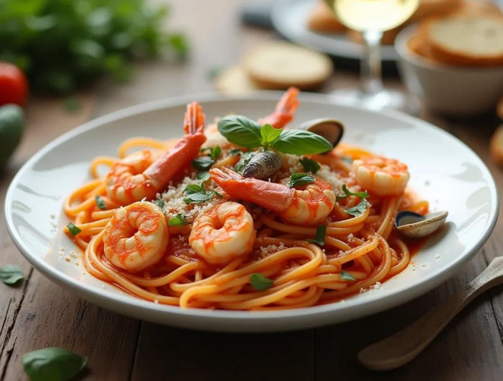 A plate of Rao’s seafood pasta with shrimp and scallops, coated in rich marinara sauce, garnished with fresh basil and parmesan cheese.